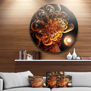 Dark Orange Fractal Flower Digital Art - Floral Round Metal Wall Art